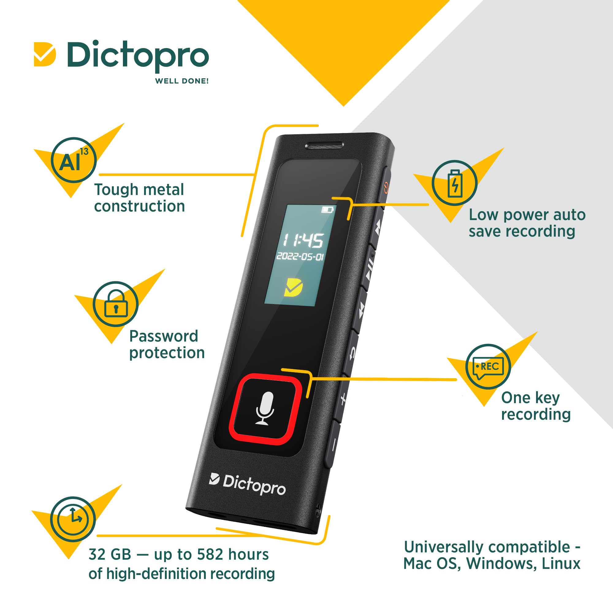Dictopro X200   Digital Voice Recorder With Sensitive Microphones, Voice Activated Continuous Recording, Password, Mini Dictapho